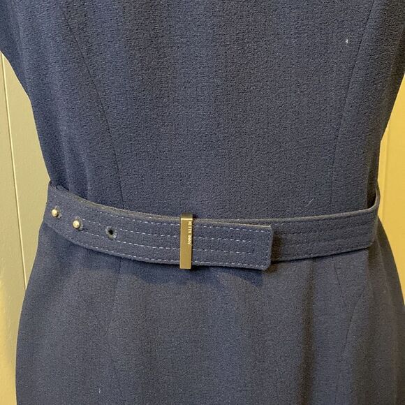 Anne Klein 4P Midi Sheath Dress Back Zipper Sleeveless Belt Satiny Lining - Picture 2 of 8